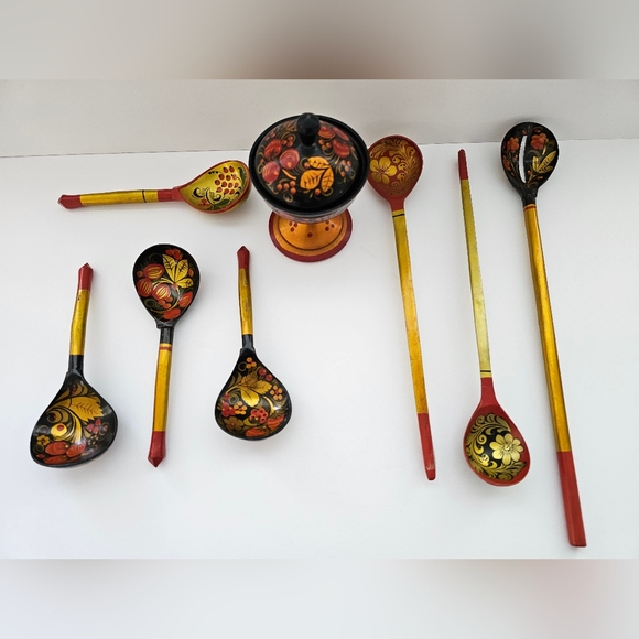 KHOKHLOMA Wooden Spoon Hand Painted RUSSIAN Lacquer Black Red & Gold Lot(8) - Picture 14 of 14